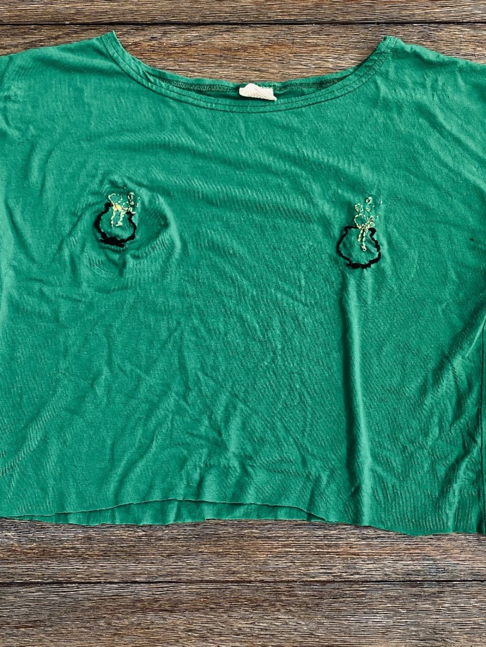 Halloween Cropped Green T-Shirt Hand Embroidered by Kelstitch